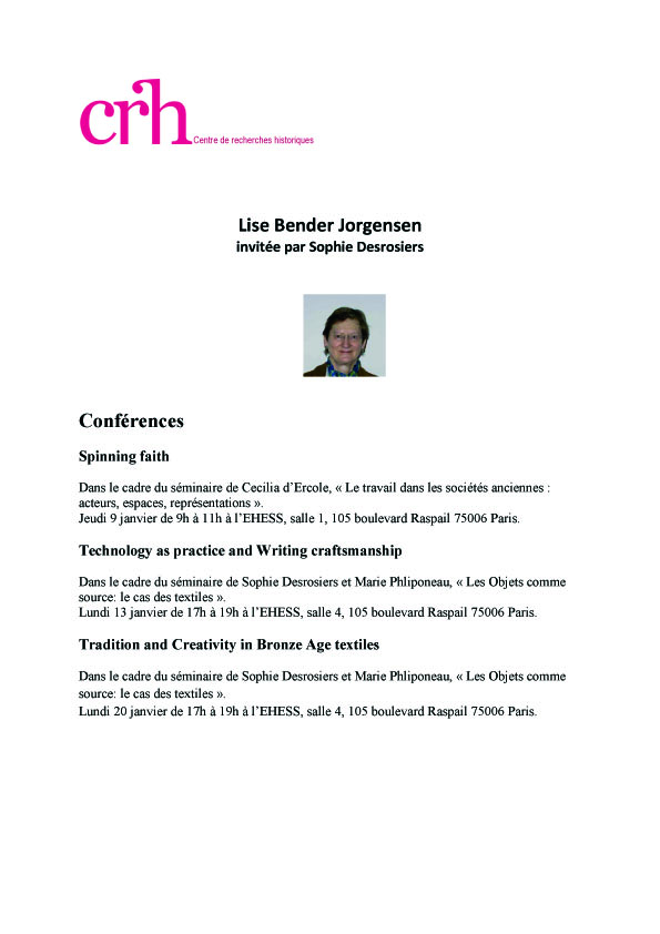 Conférences de Lise Bender Jorgensen, invitée de l'EHESS